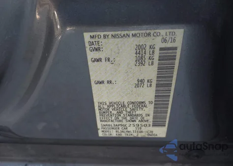 2016 Nissan Altima 3.5 Sr z USA, uszkodzony, nr VIN 1N4BL3AP9GC259503